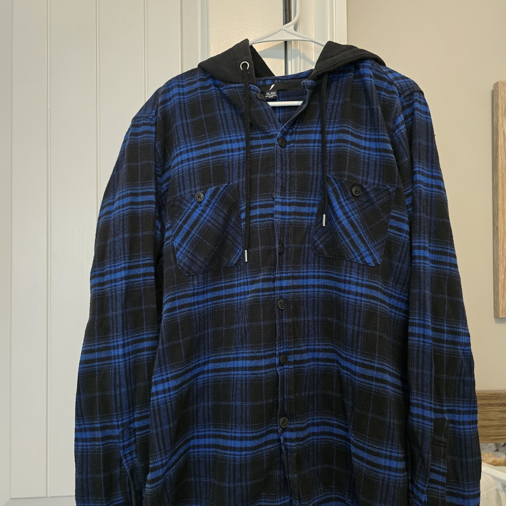 Blue and Black Plaid Hooded Shirt